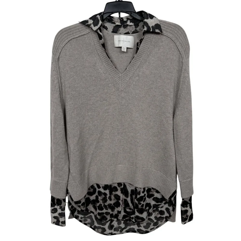 Brochu Walker The Looker Combo Sweater XS Gray Animal Print Wool Cashmere Preppy - Picture 2 of 11